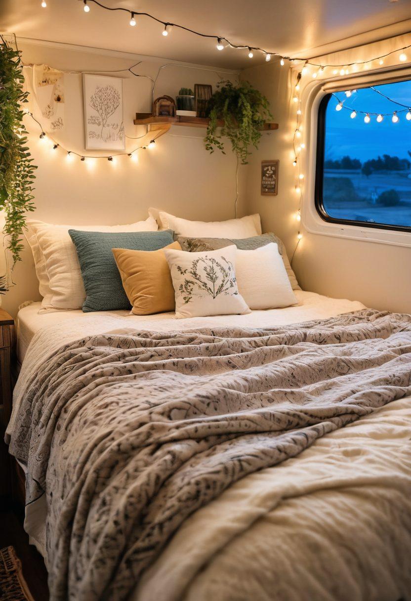 A cozy RV bedroom with soft, patterned bedding, plush pillows, and a warm throw blanket. Integrate elements like string lights and a small plant for a touch of serenity. The ambiance should suggest comfort and perfect sleep. super-realistic. vibrant colors. intimate lighting.