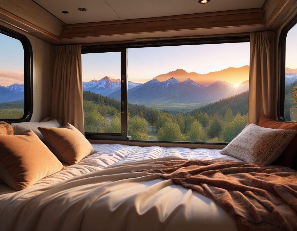 A cozy RV interior at sunset with a comfortable mattress in the center, adorned with plush pillows and crisp bedding. The open window reveals a scenic view of mountains and trees, symbolizing ultimate relaxation and adventure. Include details like a small bedside table with a lantern and a warm, inviting atmosphere. super-realistic. vibrant colors. warm lighting.